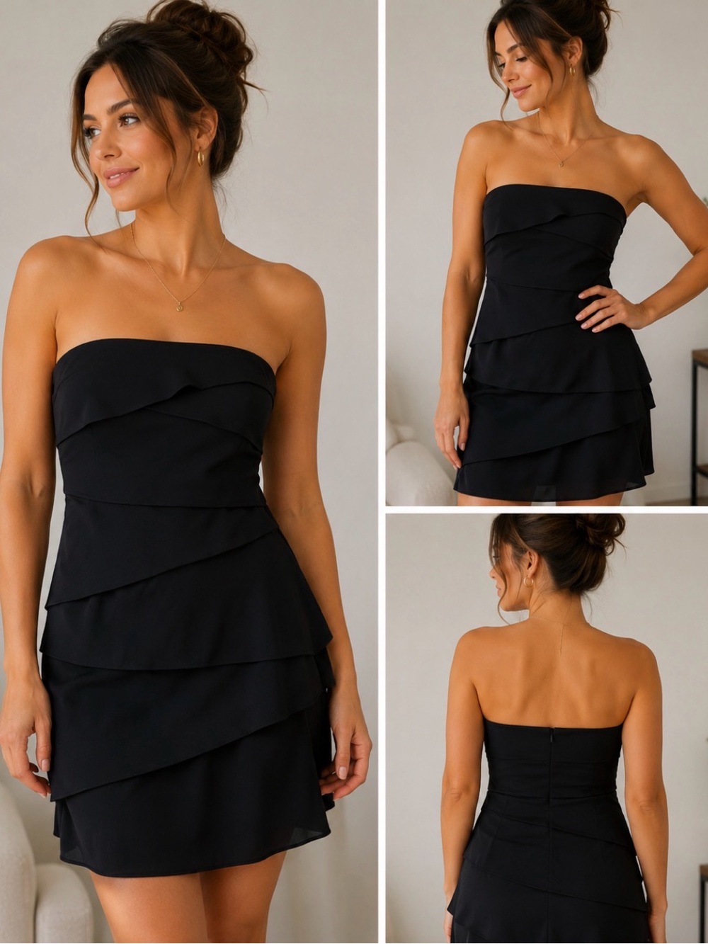 White House‎ Black Market Strapless Black Layered Dress Size